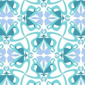 tessellating , geometric floral shapes in teal and white