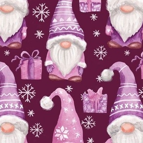 Watercolor Christmas gnomes pink and purple - dark purple