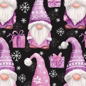 Watercolor Christmas gnomes pink and purple - black