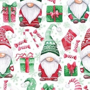 Watercolor Christmas gnomes fabric white small scale
