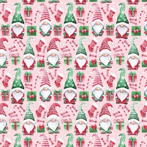 Watercolor Christmas gnomes fabric dusty pink small scale
