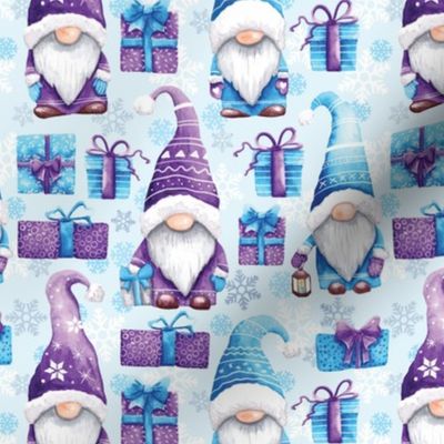 Watercolor Christmas gnomes fabric blue small scale