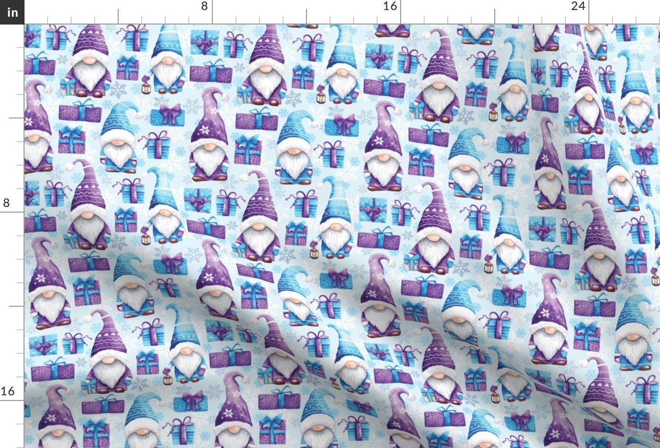 Watercolor Christmas gnomes fabric blue small scale