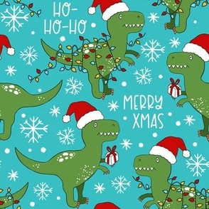Funny Christmas T-rex Dinosaur blue