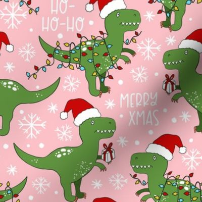 Funny Christmas T-rex Dinosaur blush pink