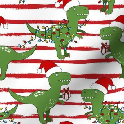 Funny Christmas T-rex Dinosaur red stripes