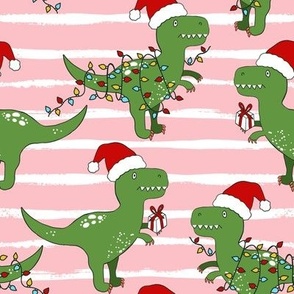 Funny Christmas T-rex Dinosaur blush pink white stripes