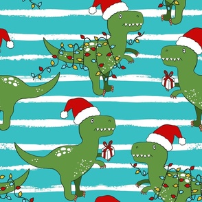 Funny Christmas T-rex Dinosaur turquoise with white stripes