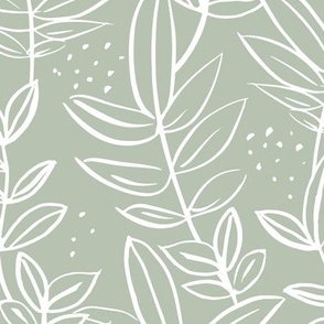 Messy raw ink leaves winter garden branches and spots wild boho forest white on sage green LARGE