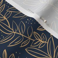 Messy raw ink leaves winter garden branches and spots wild boho forest gold on navy blue 