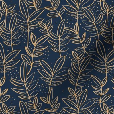 Messy raw ink leaves winter garden branches and spots wild boho forest gold on navy blue 