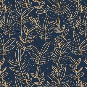 Messy raw ink leaves winter garden branches and spots wild boho forest gold on navy blue 