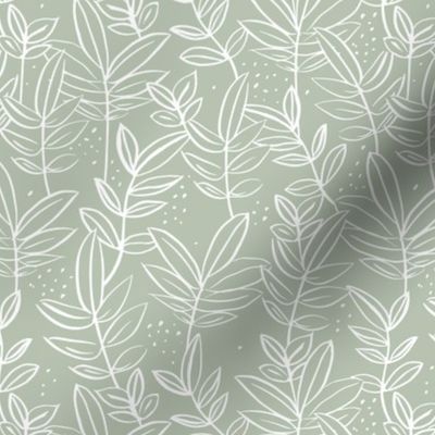 Messy raw ink leaves winter garden branches and spots wild boho forest white on sage mint green