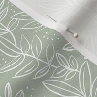 Messy raw ink leaves winter garden branches and spots wild boho forest white on sage mint green
