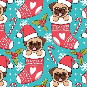 Cute Pug Christmas stocking turquoise