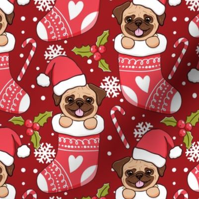 Cute Pug Christmas stocking red fabric