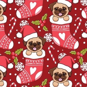Cute Pug Christmas stocking red fabric