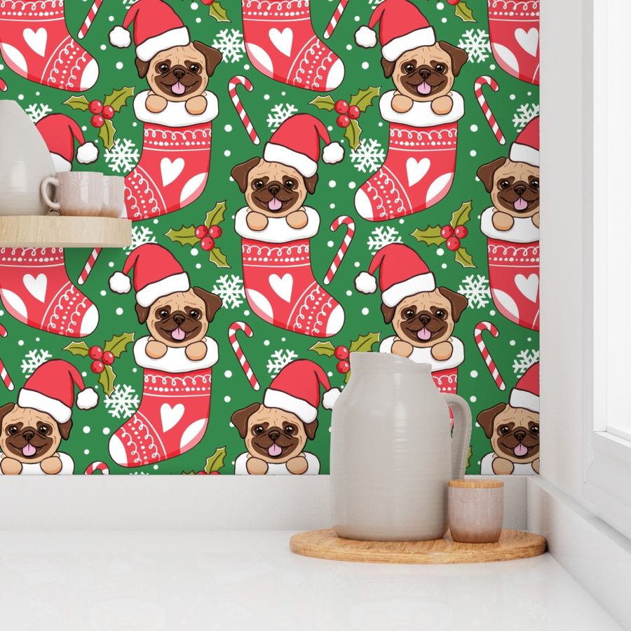 Cute Pug Christmas stocking green