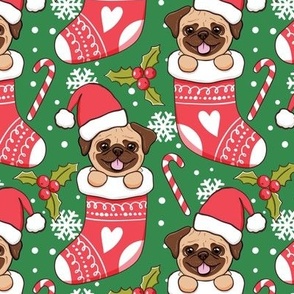Cute Pug Christmas stocking green