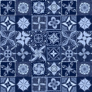 Blue monochrome hand drawn mandala retro tiles 12”