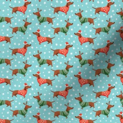 dachshund dog christmas fabric - dachshund fabric, christmas dog fabric, holiday fabric - blue small scale