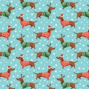 dachshund dog christmas fabric - dachshund fabric, christmas dog fabric, holiday fabric - blue small scale