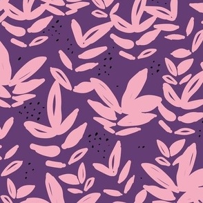 Modernist messy paint pop art organic leaves and abstract botanical shapes soft pink on purple