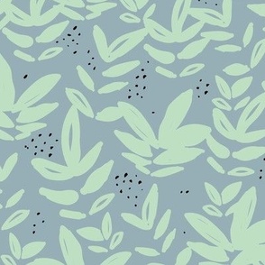 Modernist messy paint pop art organic leaves and abstract botanical shapes soft mint green on cool gray