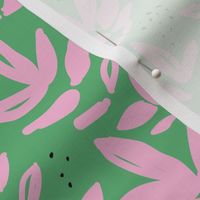 Modernist messy paint pop art organic leaves and abstract botanical shapes apple green pink