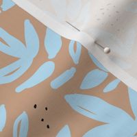 Modernist messy paint pop art organic leaves and abstract botanical shapes soft baby blue on caramel beige latte