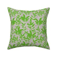 Modernist messy paint pop art organic leaves and abstract botanical shapes apple green on gray