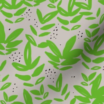 Modernist messy paint pop art organic leaves and abstract botanical shapes apple green on gray