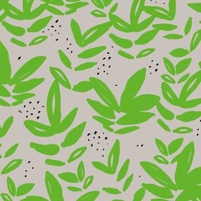 Modernist messy paint pop art organic leaves and abstract botanical shapes apple green on gray