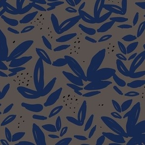 Modernist messy paint pop art organic leaves and abstract botanical shapes navy blue on warm charcoal gray