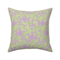 Modernist messy paint pop art organic leaves and abstract botanical shapes purple lilac on lime green