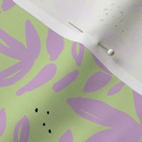 Modernist messy paint pop art organic leaves and abstract botanical shapes purple lilac on lime green