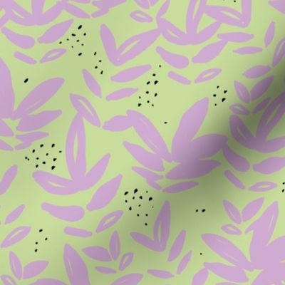 Modernist messy paint pop art organic leaves and abstract botanical shapes purple lilac on lime green