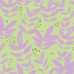 Modernist messy paint pop art organic leaves and abstract botanical shapes purple lilac on lime green