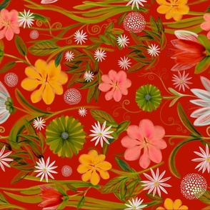 Wild flower tea towel in red. 