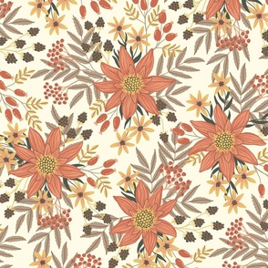 Autumn flowers and berries - warm fall floral on off white