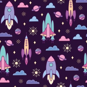 Cute rockets in pastel bright colors and dark purple background