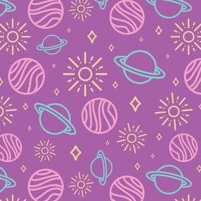 Cute planets and constellations in pastel purple background pattern repeat