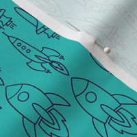 Kids rocket line art pattern in blue and turquoise mint green