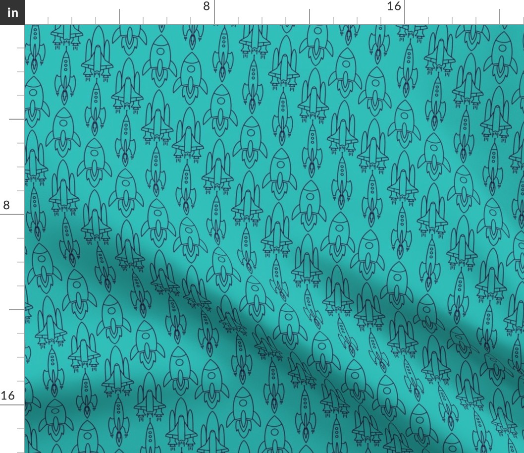 Kids rocket line art pattern in blue and turquoise mint green