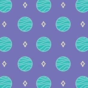 Polka dot alien planets in mint green over purple background pattern repeat