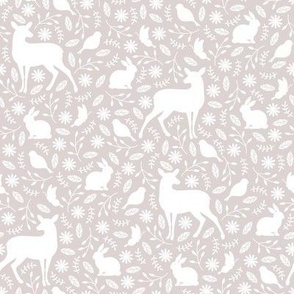 Deer, rabbit, birds, butterfly amidst florals on beige - micro