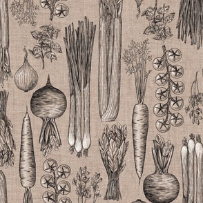 Black and white hand drawn vegetables on linen texture - large scale
