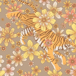 Tiger and flowers - 70s flower power - tan