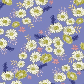Large // Daisy Fields: Wildflowers, Leaves, Vines - Deep Periwinkle Purple