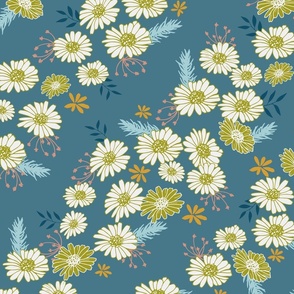 Large // Daisy Fields: Wildflowers, Leaves, Vines - Storm Blue